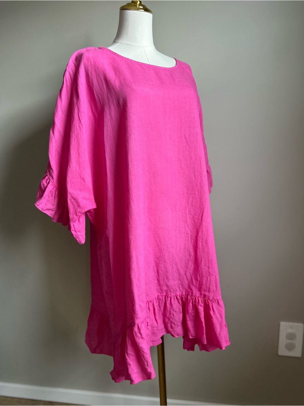Linen made Italy Bright Hot Pink Ruffle Hem Tunic Dress breathable Eurostyle